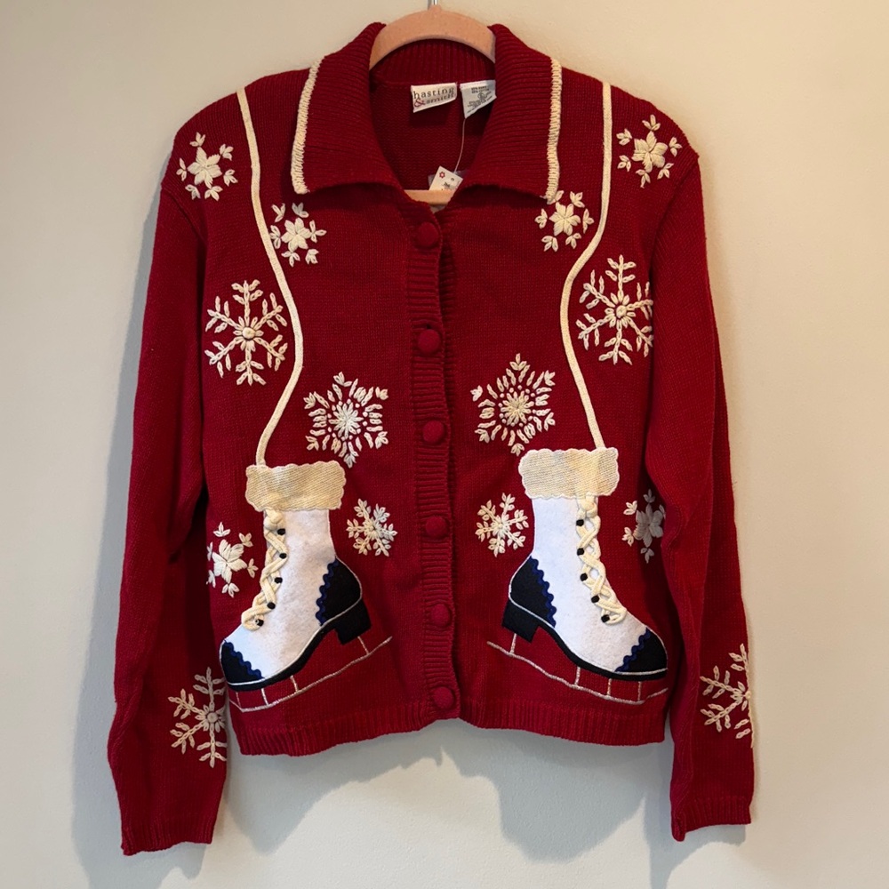 NWT! Vintage Hasting and Smith Red Ice Skating Holiday Sweater From Carson's!